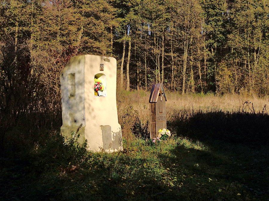 Kapliczka z 1911 r. w Grabinie. Wieś została założona w 1777 r. jako osada budników. Obecnie w trakcie likwidacji