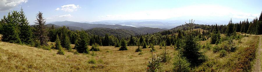 Widoki z Zielenicy: Pasmo Lubania, Jezioro Czorsztyńskie, Tatry (słabo widoczne)