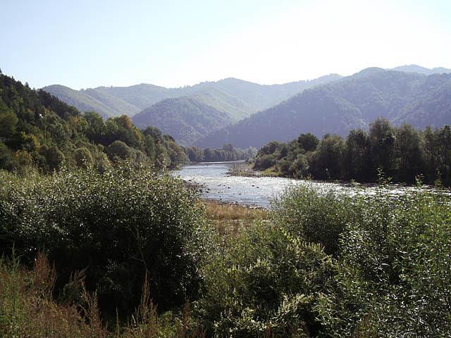 Dunajec, po drugiej stronie rzeki niższe szczyty Beskidu Sądeckiego