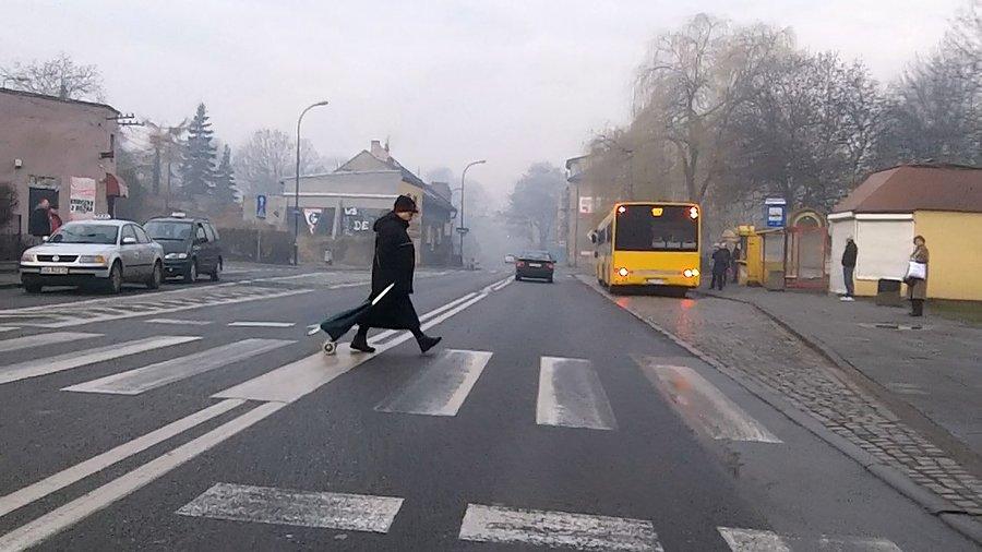 Nie patrzy w prawo, czy w lewo, po prostu włazi na drogę... dobrze, że chociaż na przejściu