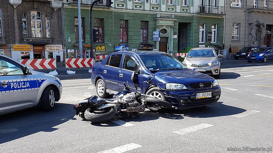 Zderzenie motocykla z samochodem osobowym przy pl. Dąbrowskiego w Łodzi