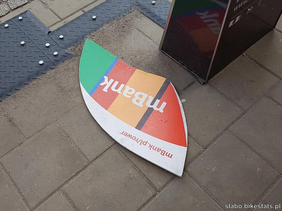 Urwana plansza reklamowa Łódzkiego Roweru Publicznego na stacji przy skrzyżowaniu Narutowicza z Kilińskiego