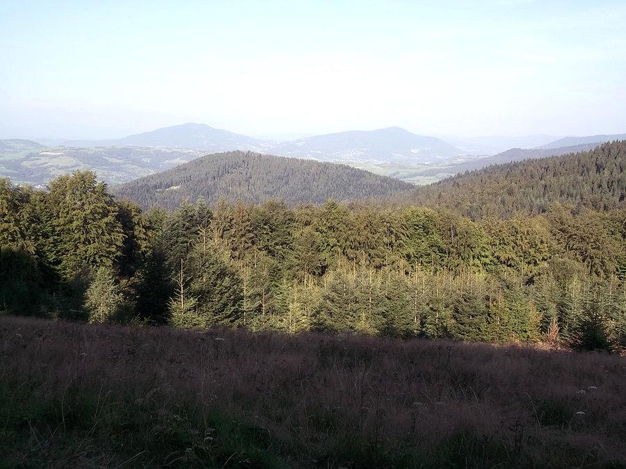 I pierwsze widoczki ze szlaku. Nie wiem co to za góry, w każdym razie Beskid Wyspowy