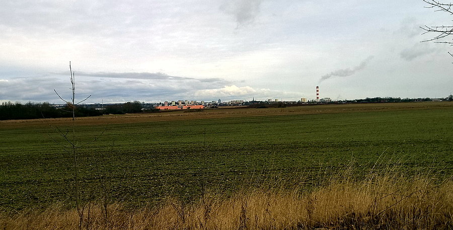 Widok na zabudowania Auchan i fragment Szczecina - zdjęcia z drogi Przecław - Kurów