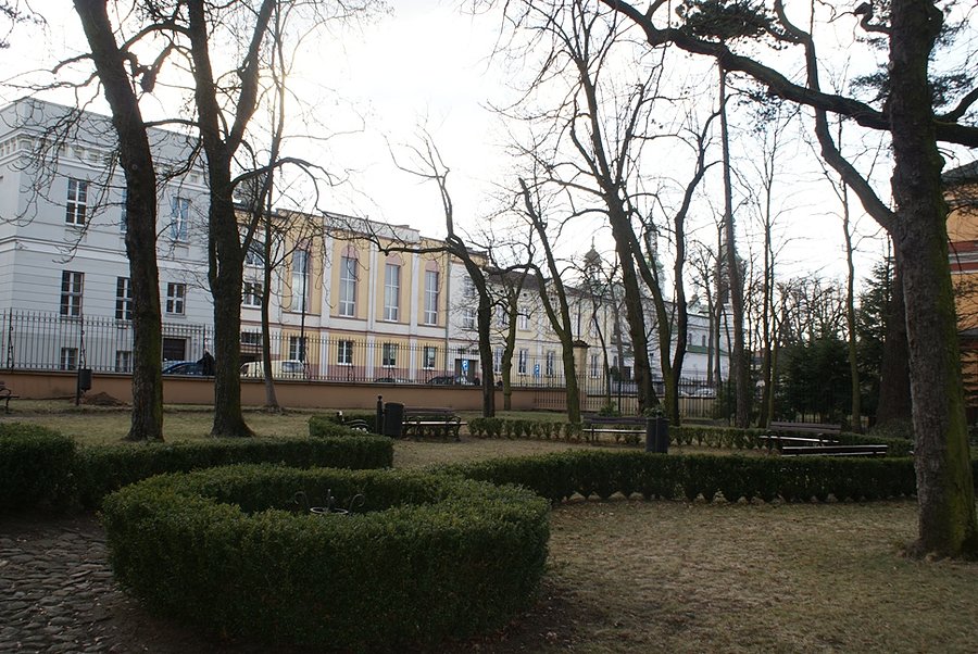 Widok z parku przed Pałacem Ostrowskich na fragment (od lewej) Urzędu Miasta, zabudowania koscielne i parafię św. Antoniego
