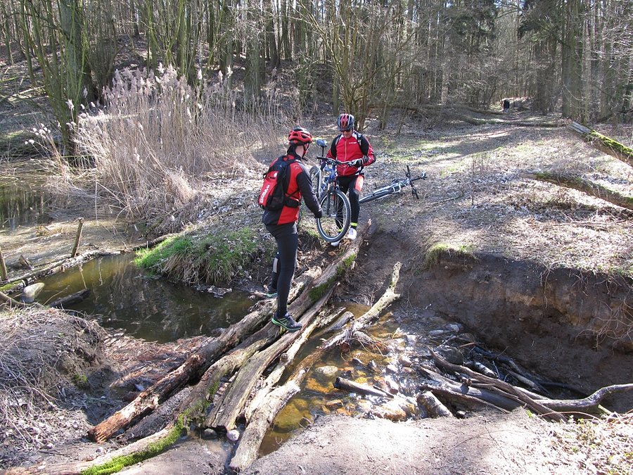 Przenoszenie rowerów przez strumień w PK Promno