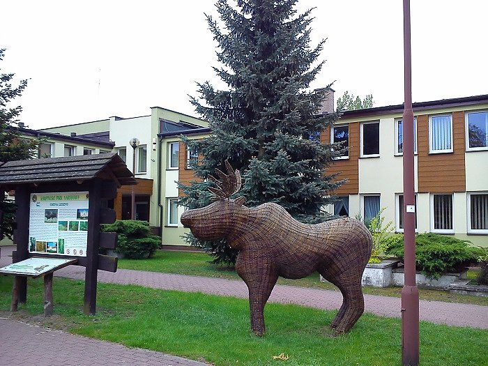 Wiklinowy jeleń pod siedzibą urzędu gminy w Lesznie