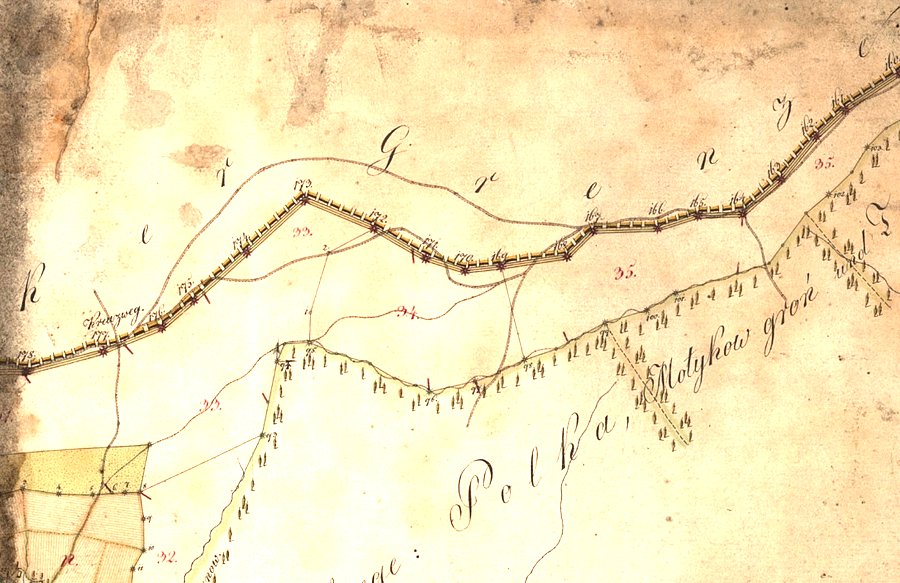 Fragment mapy z kamieniami granicznymi TK i HF