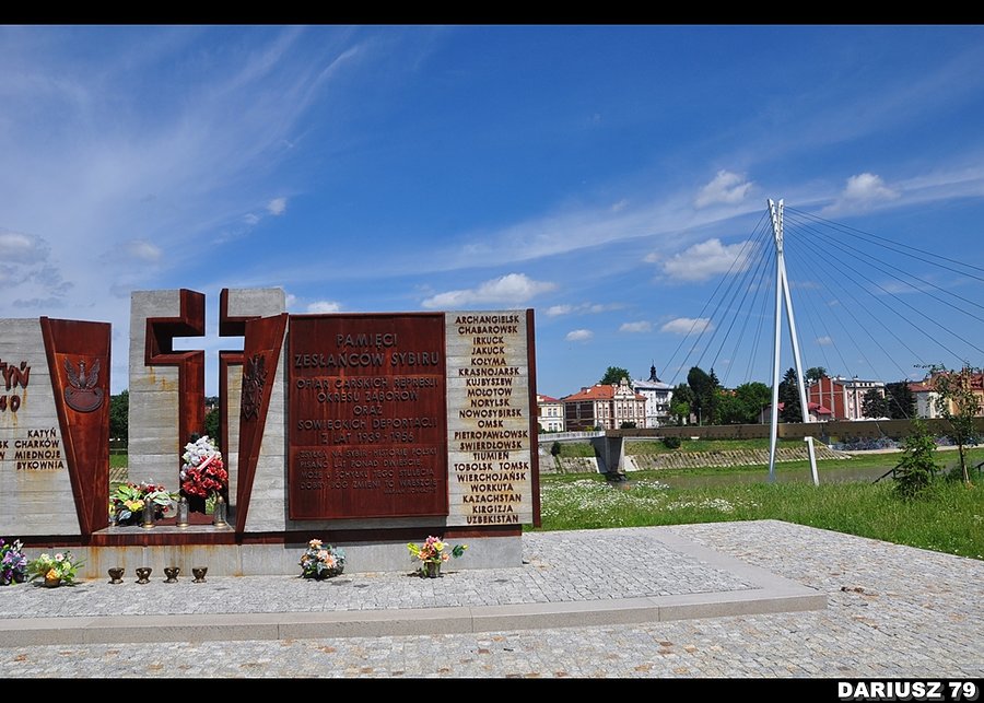 Przemyśl - Pomnik Katyń w tle Kładka nad Sanem