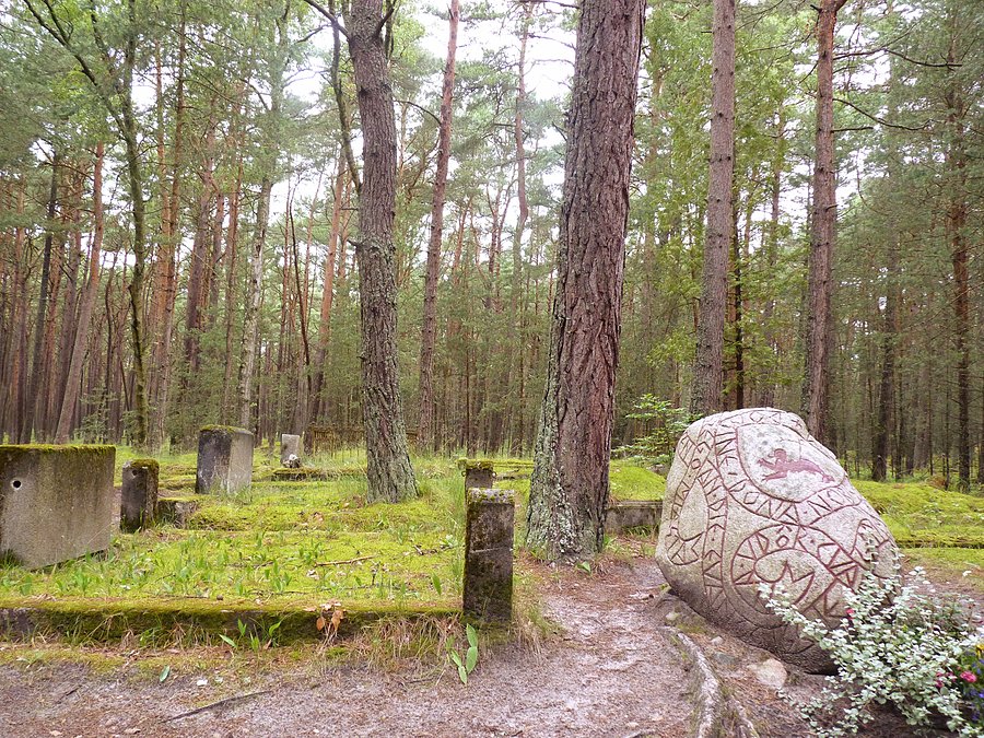Tu znaleźliśmy geokesza - stary cmentarz ewangelicki Na kamieniu wyryto napis: "Pamięci Gminy Ewangelickiej" w czterech językach: kaszubskim, niemieckim, polskim i łacińskim