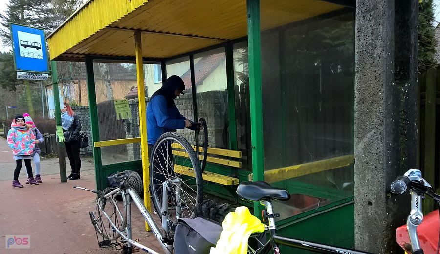 Uczynny Kuba "walczy" z tylnym kołem mojego roweru.