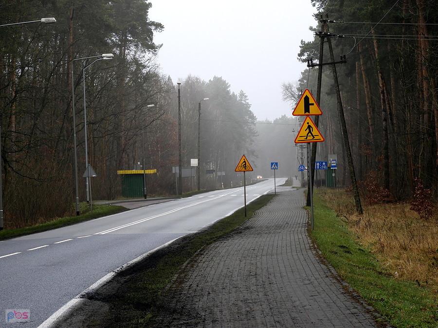 Mglisty poranek na drodze krajowej nr 115.