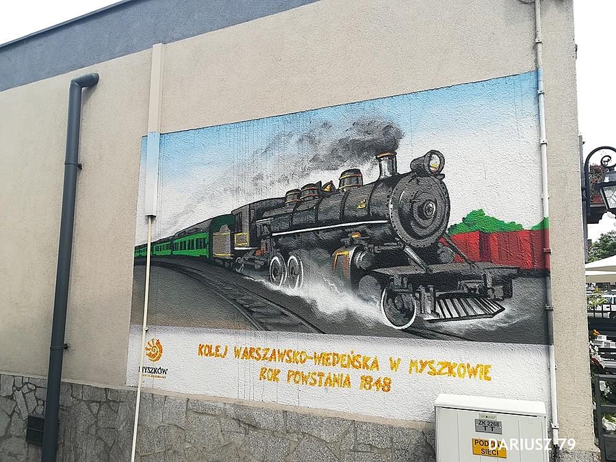 Myszków - Mural upamiętniający powstanie linii kolei Warszawsko - Wiedeńskiej