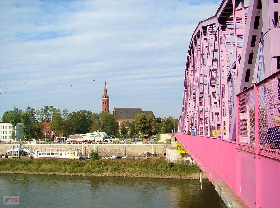 Marina, kolegiata i słynny różowy Most Tolerancji na Odrze w Głogowie.