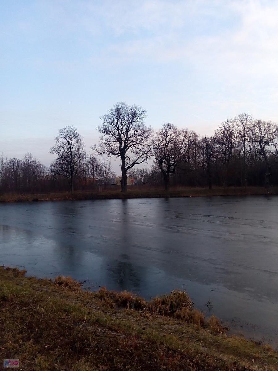 Duży staw tuż obok jeszcze zamarznięty