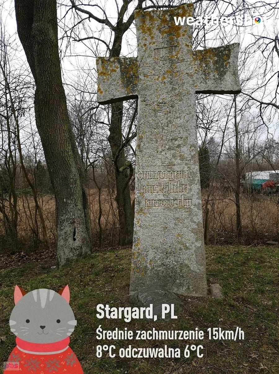 Krzyż pokutny wykonany z jednej płyty wapienia gotlandzkiego. Wysokość 2,76 m.