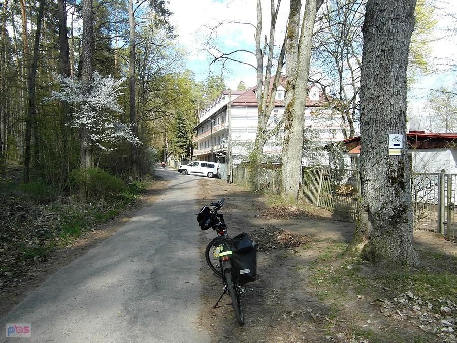 Rower trekkingowy z sakwami na leśnej drodze koło Ośrodka Gawra w Wiknie, Mazury