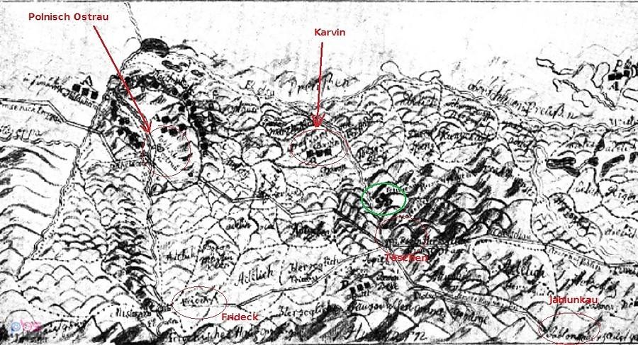 Mapa obszaru Ksiestwa Cieszyńskiego z kopalniami