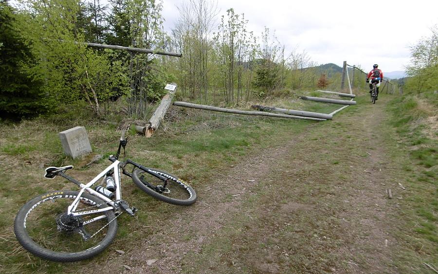 Na szczycie Turzyna (895 m). Powalone słupy to szkody po huraganie
