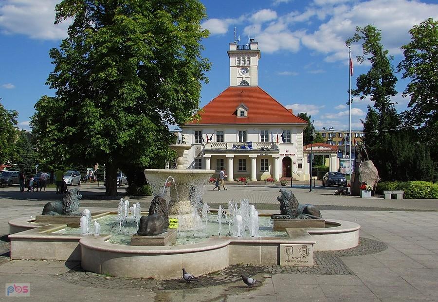Błonie - fontanna i ratusz