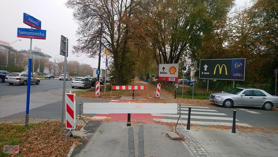 Zamknięta droga rowerowa na Puławskiej