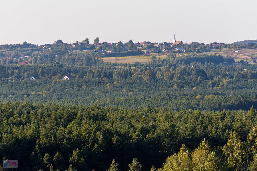 Kościół pw. Świętego Wojciecha Biskupa i Męczennika w Biskupicach widziany ze skałek w Przybynowie