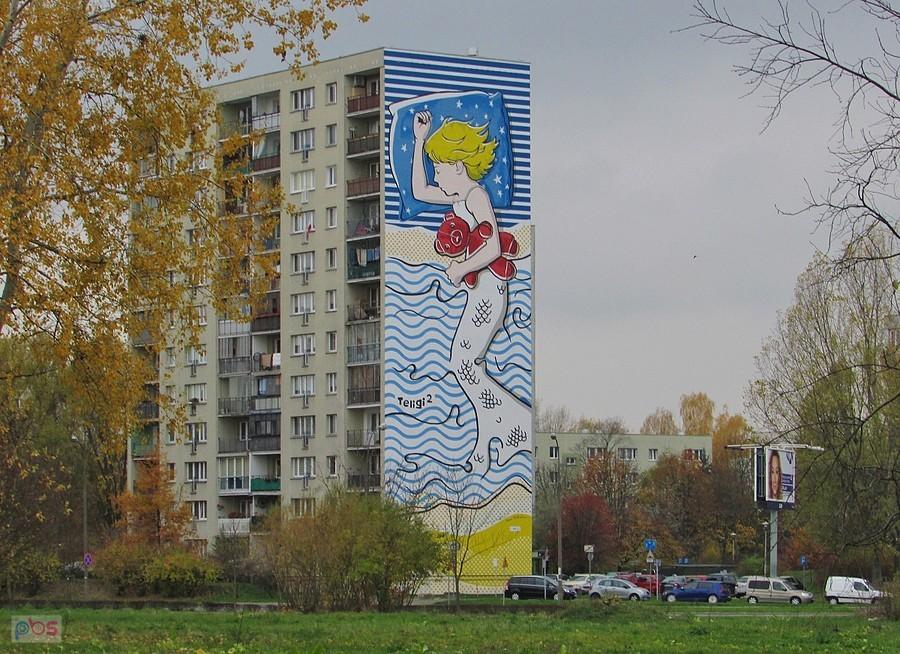 Mural "Śpiąca Syrenka" na bloku przy Teligi 2