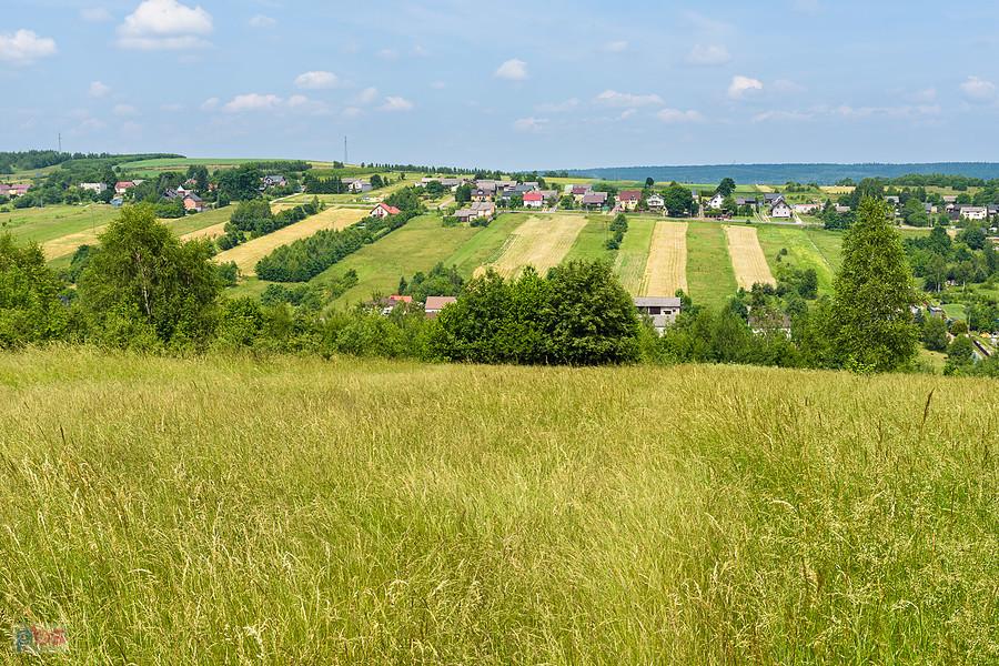 Pola w miejscowości Jęgrzna. Przed linią domów widoczna dawna droga krajowa nr 7.