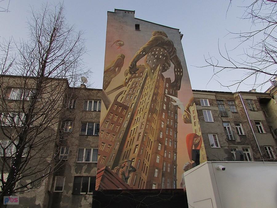 Mural „Giganty” autorstwa Françoisa Schuitena na oficynie kamienicy Gawłowiczów