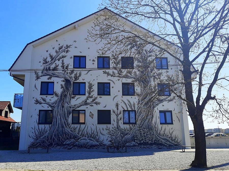 Świetny mural. Nawet prawdziwe drzewo się ostało - Zalasewo