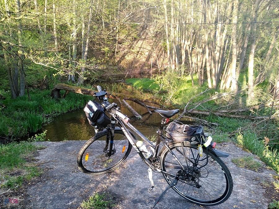 Rower trekkingowy z sakwami na moście nad rzeką