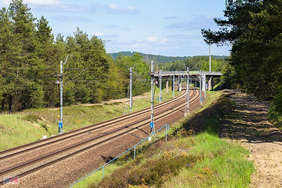 Centralna Magistrala Kolejowa - szlak Psary -Góra Włodowska, czyli jeden z odcinków o maksymalnej dopuszczalnej prędkości 200 km/h. W tle wiadukt drogi wojewódzkiej nr 792.