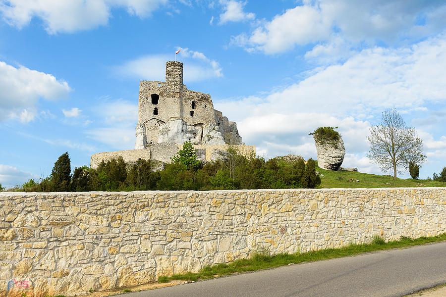 Ogrodzone kamiennym murem ruiny zamku w Mirowie, wstęp za mur także zrobili płatny.