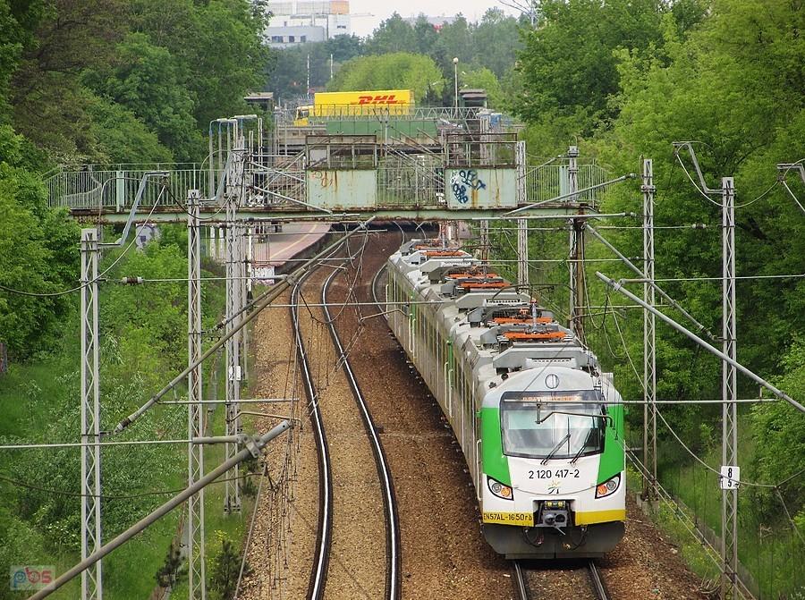 Pociąg Kolei Mazowieckich dojeżdża do przystanku Rakowiec
