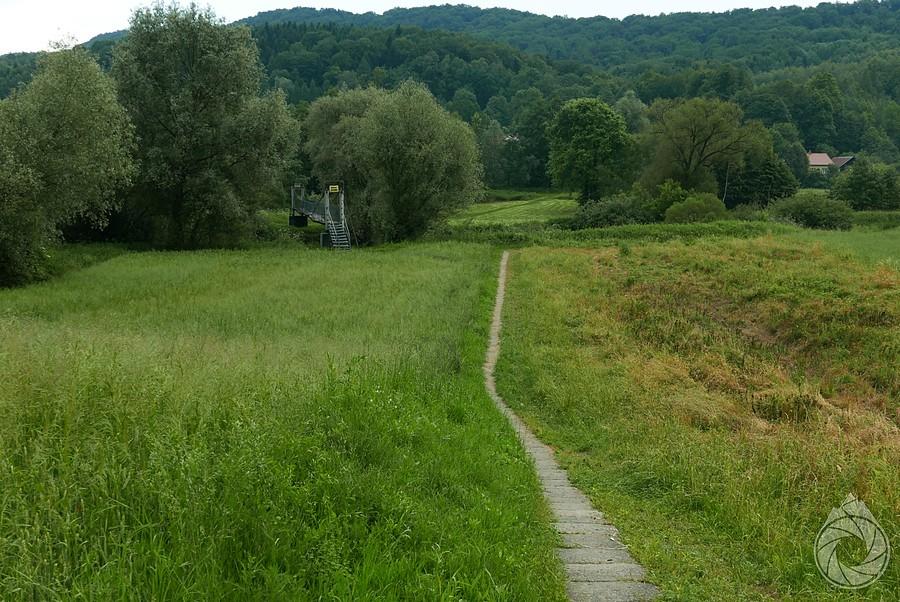 ścieżka prowadzi na wąski mostek nad Wisłokiem
