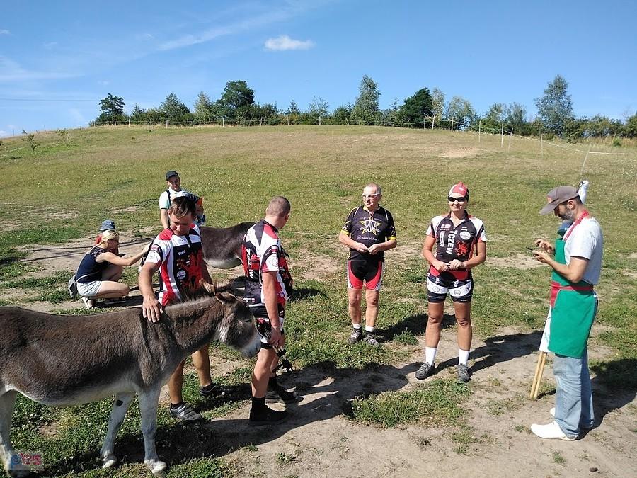 Grupa kolarzy na łące