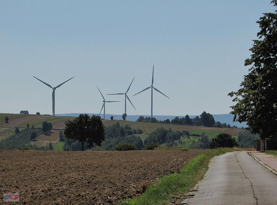 Wiatraki na wzgórzach koło Radkowic