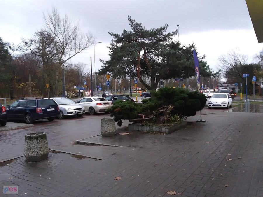 Widok spod daszku przy sklepie, gdzie na moment schowałam się przed deszczem
