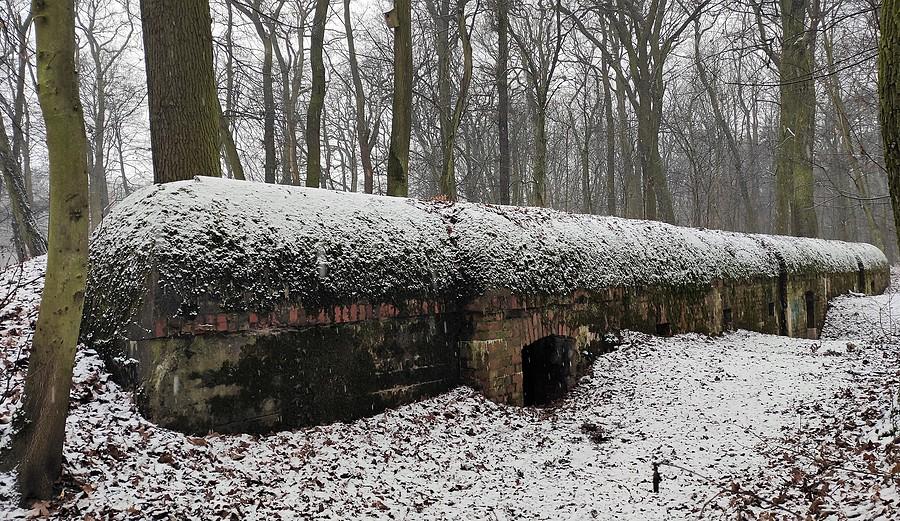 Jeden ze schronów na Dębinie pod śniegiem