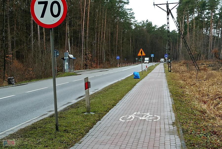 Obrzeża drogi 115 posprzątane - liczne niebieskie worki ze śmieciami.