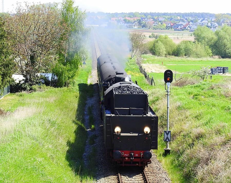 Parowóz na trasie Poznań - Wolsztyn, zdjęcie robione z wiaduktu w Stęszewie