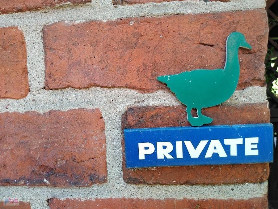 Kaczka dekoracyjna nad napisem PRIVATE na ceglanej ścianie