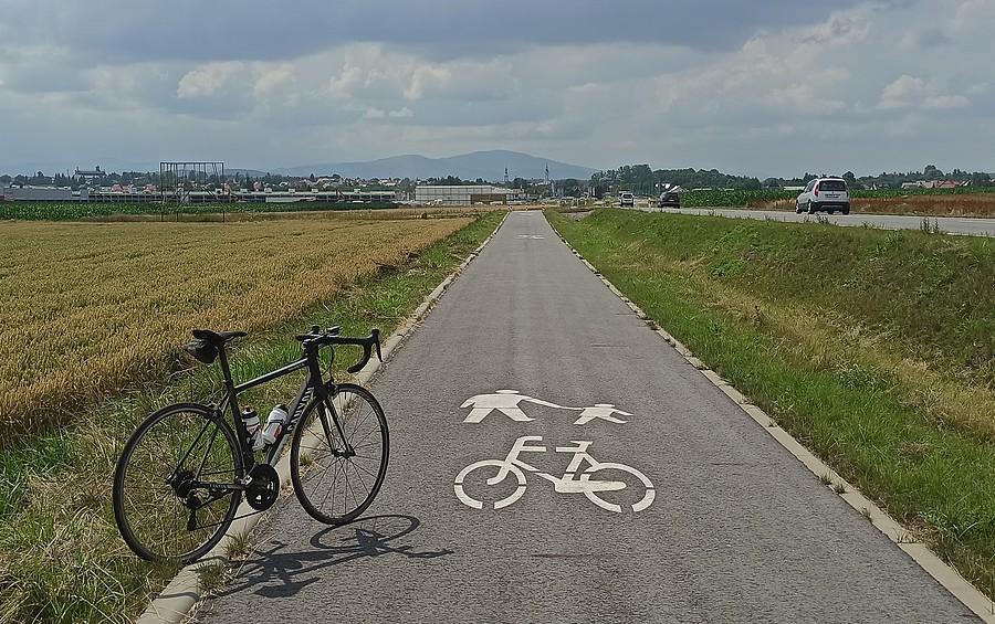 Rowerówka przed Prudnikiem. W oddali Biskupia Kopa (890m)