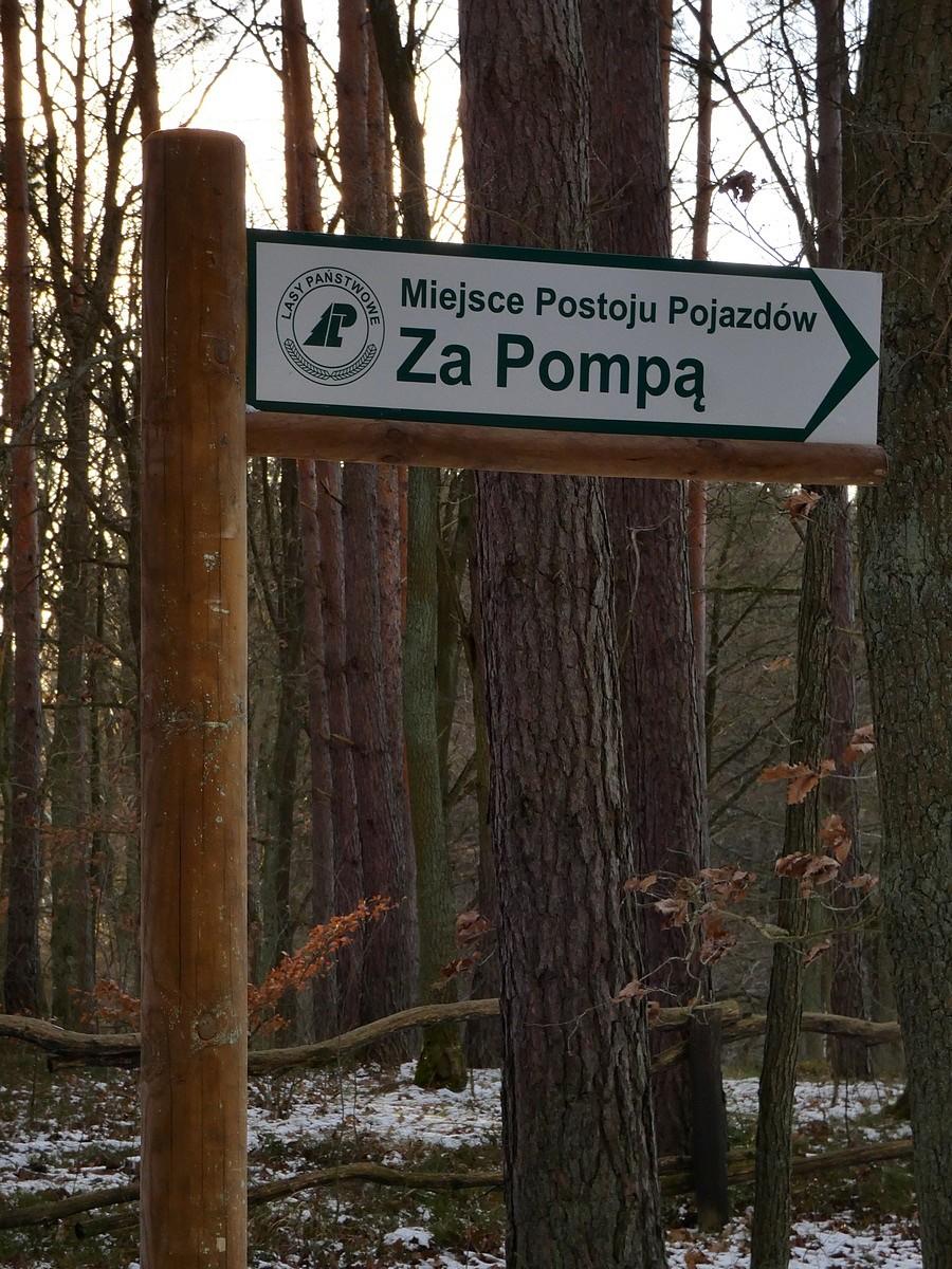 Miejsce postoju pojazdów - za pompą, nowa tablica Nadleśnictwa Ośno Lubuskie