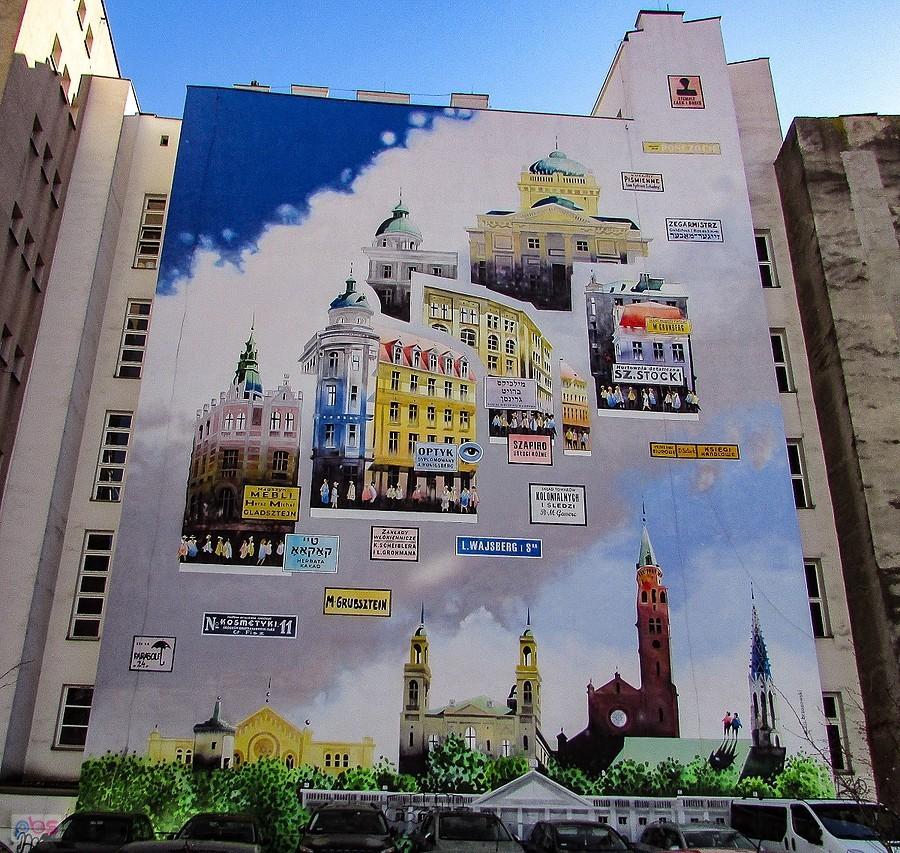 Mural na na tylnej ścianie kamienicy Mozesa Neufelda przy Próżnej