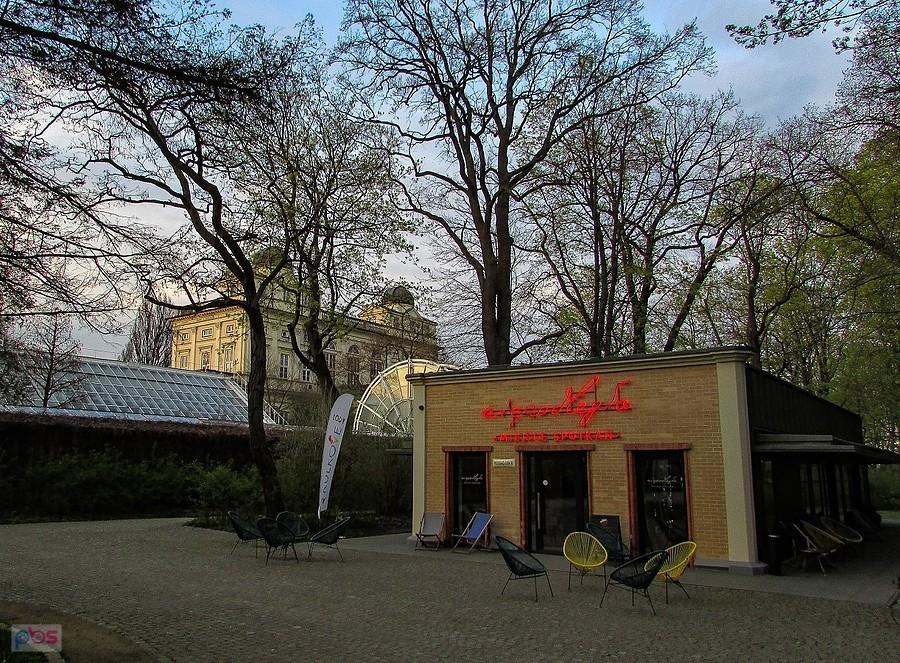 Kiedyś herbaciarnia, teraz kawiarenka, a w tle Obserwatorium Astronomiczne Uniwersytetu Warszawskiego