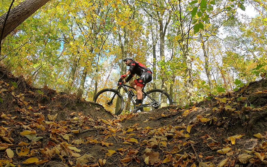 Jesień z kolarzem MTB widziana z dolnej perspektywy
