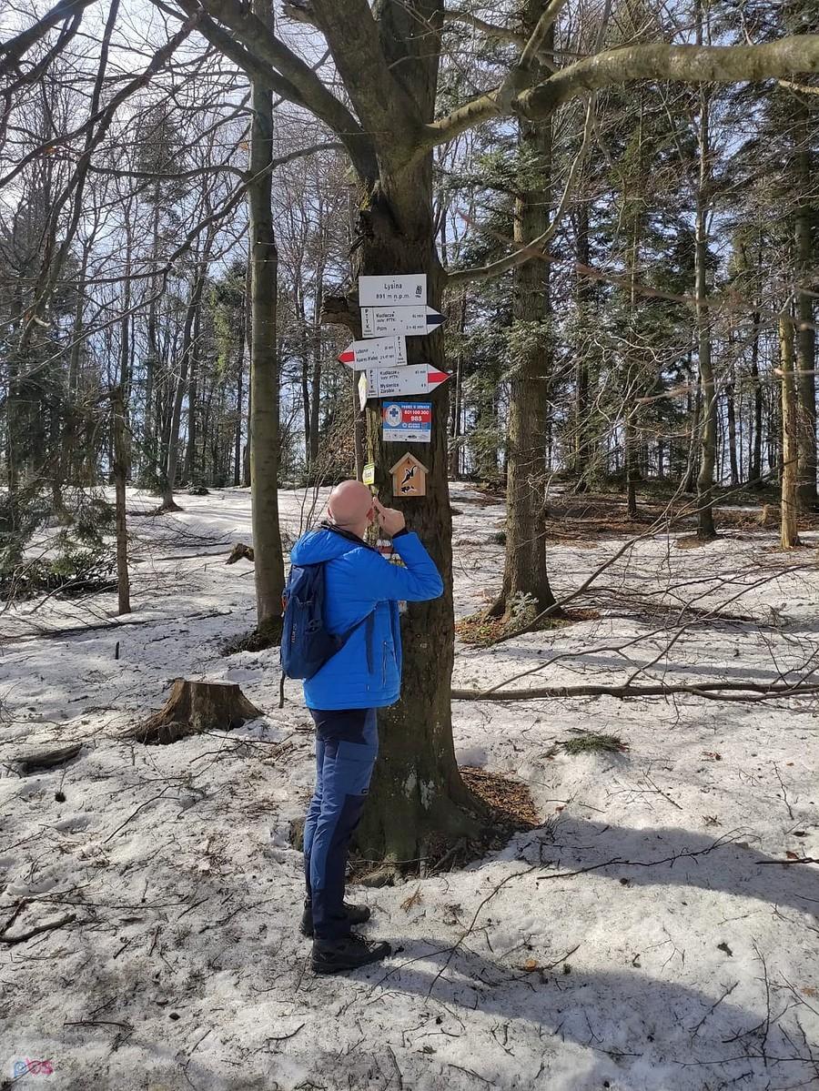 Człowiek przy tabliczkach szlaku na drzewie