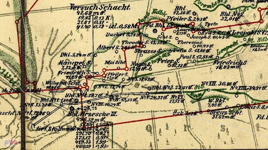 Mapa pola Leopold z szybami wydobywczymi i sztolniami