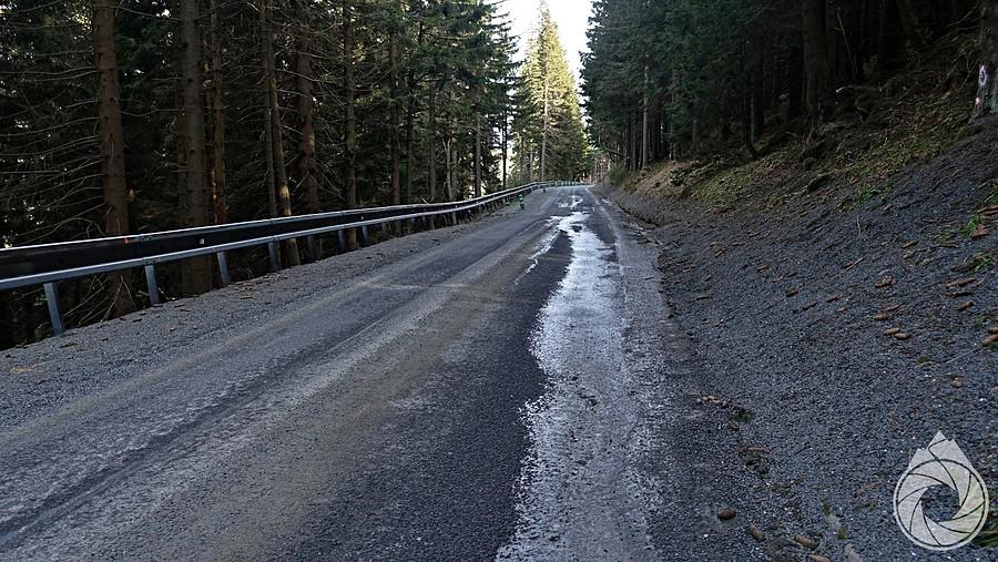 na podjeździe/zjeździe gdzieniegdzie droga przylodzona